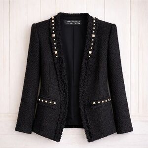 ZARA Woman Black Bouclé Tweed Blazer w/ Chrome 3D Stud Detail Frayed Trim Sz L